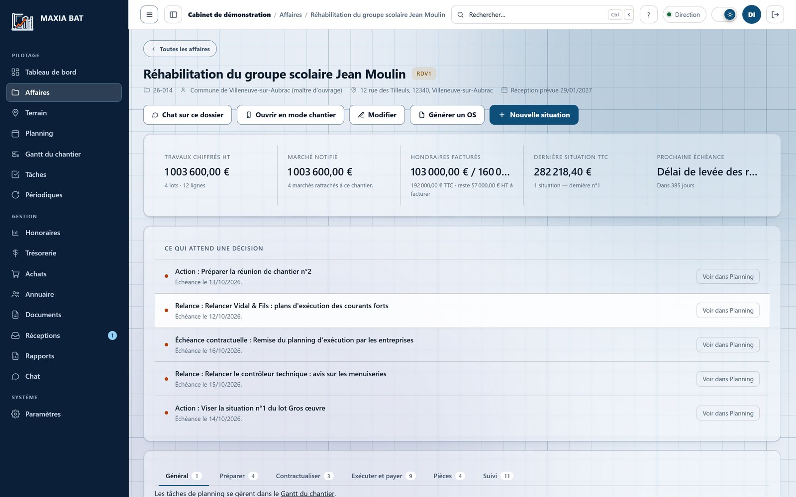 La fiche affaire : chiffres clés, décisions en attente et tout le dossier en onglets.