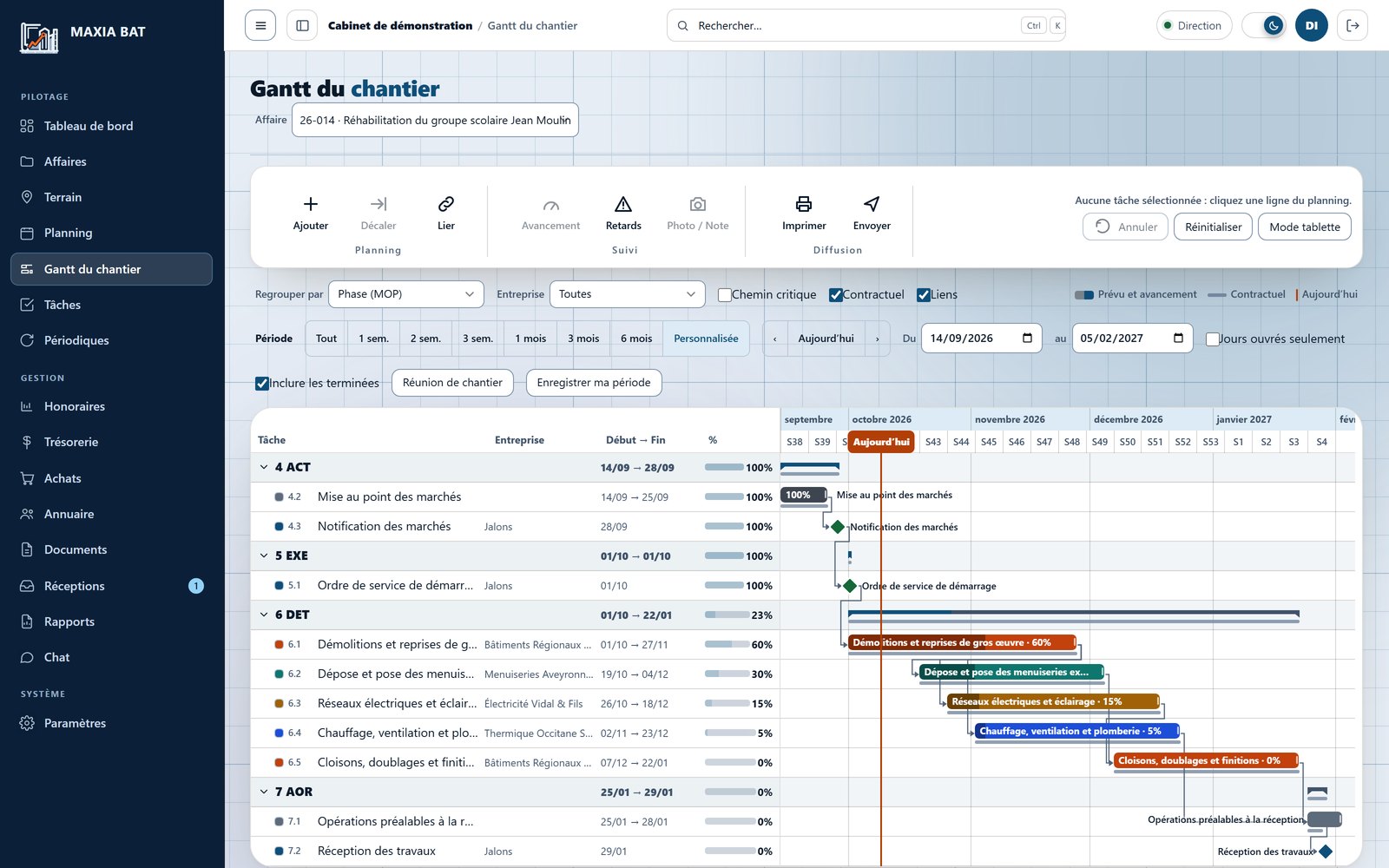 Le planning de chantier : phases, lots, entreprises, dépendances et avancement sur une seule frise.